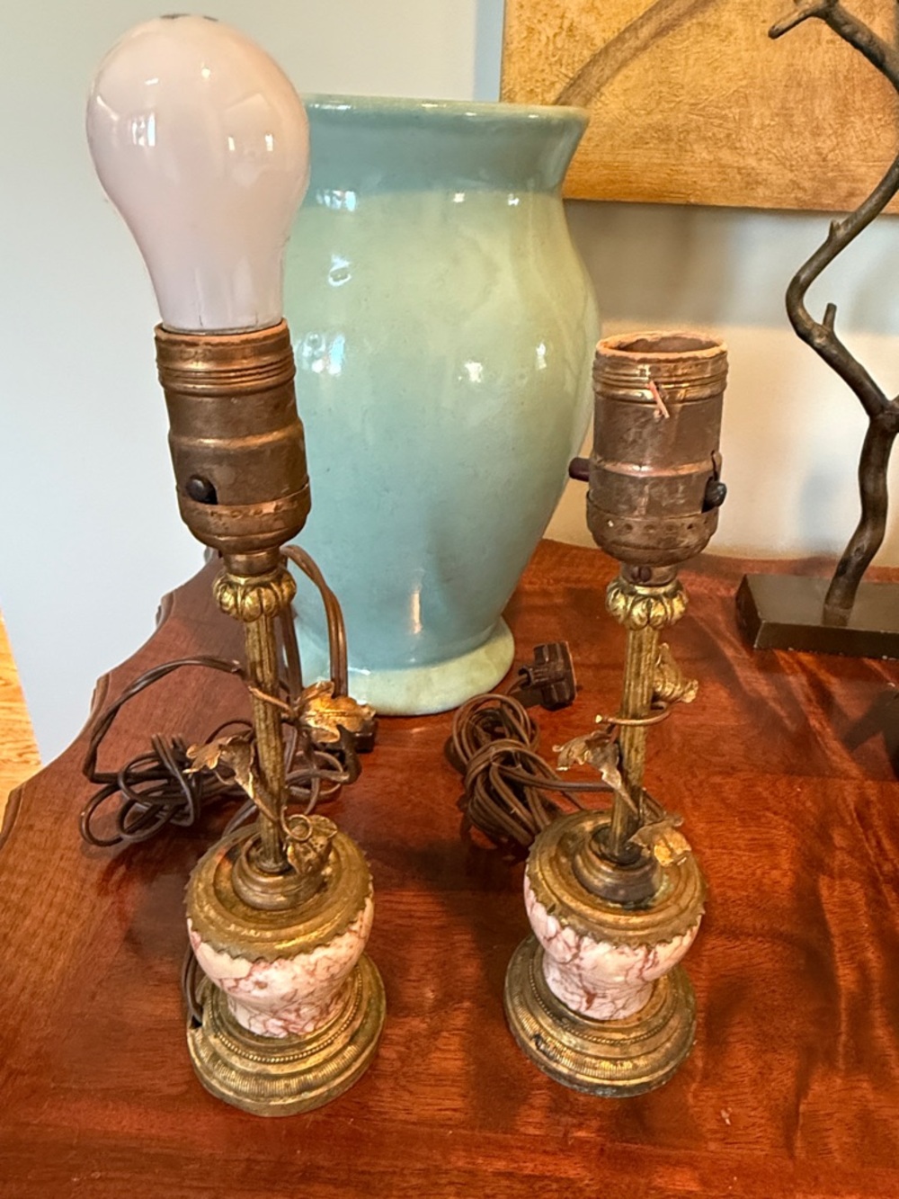 French boudoir Antique-Style Pink and Gold Table Lamps - Pair - Picture 2 of 6